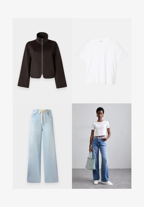 Black cropped fleece jacket with a high collar, full zip, and wide sleeves, featuring a soft texture and smooth finish.; White cotton t-shirt with short sleeves, round neckline, relaxed fit, and stitched hem. Label visible on the inside neck.; Light blue wide-leg jeans made from denim, featuring a drawstring waistband and classic five-pocket design with minimal fading.; White ribbed cropped t-shirt, light blue wide-leg jeans, and white sneakers. Holding a green and white striped tote bag.