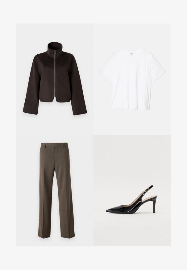 Zwarte cropped fleecejack met een hoge kraag, volle rits en brede mouwen, met een zachte textuur en een gladde afwerking.; Witte katoenen t-shirt met korte mouwen, ronde halslijn, comfortabele pasvorm en gestikte zoom. Etiket zichtbaar aan de binnenzijde van de hals.; Bruine op maat gemaakte broek met een vlakke voorkant, recht gesneden pijpen en een eenvoudige tailleband. Gemaakt van gladde stof, wat een klassieke uitstraling biedt.; Zwarte gepatineerde leren slingback pump met een puntige neus, slanke hak en een subtiel uitgesneden ontwerp. Bevat een gouden gesp op de band.
