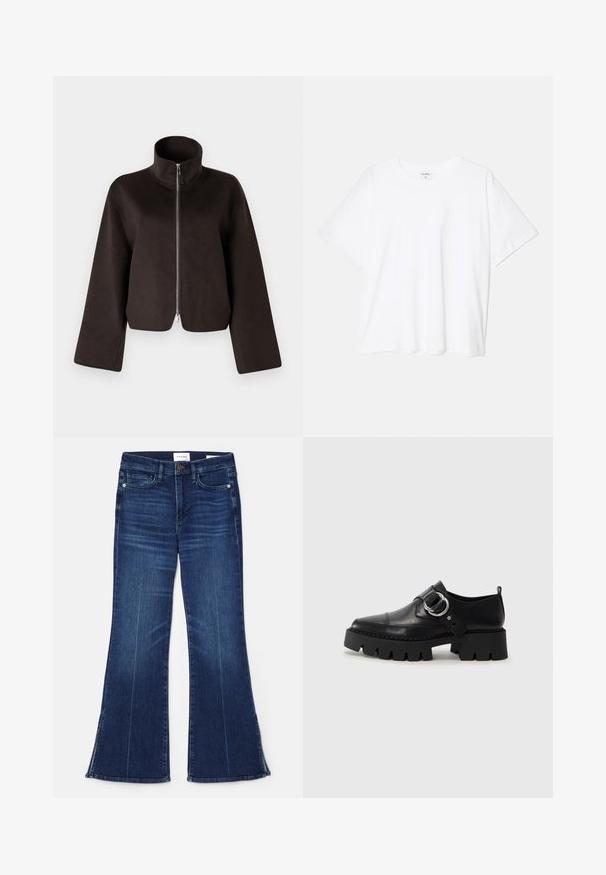 Must värvitud lühikeste varrukatega fliisjakid, millel on kõrge krae, täispikkus tõmblukk ja laiad varrukad, millel on pehme tekstuur ja sile viimistlus.; Valge puuvillane T-särk lühikeste varrukatega, ümmargune kaelus, mugav lõige ja õmmeldud serv. Silt nähtav kaela seest.; Tumedat sinised laiad teksad, mis on valmistatud denimist. Omavad kõrget vööd, eesmine taskud ja lõhikud hemmi juures. Klassikaline viie-tasku disain.; Mustad musta naha jalanõud, millel on jäme ribaga tallad, ringikujuline hõbedane detail ja minimaalne õmblusdetail.