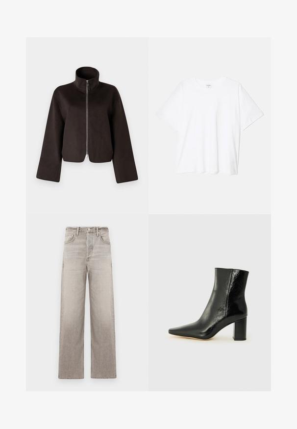 Črni kratki flis jakna z visokim ovratnikom, polnim zadrgo in širokimi rokavi, z mehkimi teksturami in gladkim zaključkom.; Bela bombažna majica s kratkimi rokavi, okroglim izrezom, sproščenim krojem in šivanim robom. Oznaka vidna na notranji strani izreza.; Široke hlače iz svetlo sive denimske tkanine, ki imajo utrujen izgled, pet žepov, sprednje zapiranje na gumb in loops za pas.; Črne gležnjarje iz sijoče usnje s koničastim nosom in masivnim kvadratnim peto. Imajo gladko teksturo in minimalističen dizajn.