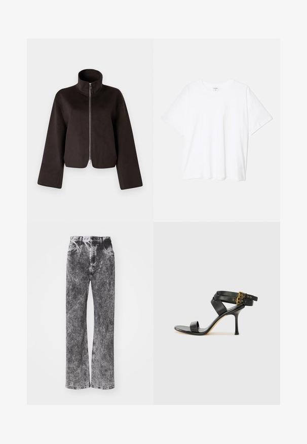 Črni kratki flis jakna z visokim ovratnikom, polnim zadrgo in širokimi rokavi, z mehkimi teksturami in gladkim zaključkom.; Bela bombažna majica s kratkimi rokavi, okroglim izrezom, sproščenim krojem in šivanim robom. Oznaka vidna na notranji strani izreza.; Visokoramne, široke kavbojke v črno-sivi pranje, ki imajo pet žepov in kontrastno šivanje ob robu.; Črne sandale na peto z križnimi trakovi in prilagodljivo zaponko. Imajo gladko teksturo in zožen peto.