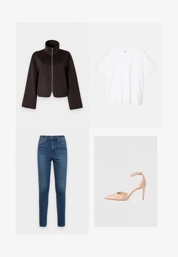 Juodas trumpas vilnonis džemperis su aukštu apykakle, visiškai užtraukiamas ir plačiomis rankovėmis, turintis minkštą tekstūrą ir glotnų paviršių.; Balta medvilnės marškinėliai trumpomis rankovėmis, apvalia iškirpte, laisvo kirpimo ir su siūtu kraštu. Etiketė matoma vidinėje iškirptės pusėje.; Mėlyni džinsai su siauru siluetu, turintys vidutinio aukščio liemenį, penkių kišenių dizainą ir subtilų blukimą šlaunų ir kelių srityse.; Nuogos patentinės odos batai su smailiu kojų galiuku, kulkšnies dirželiu ir smailiu kulnu, pasižymintys lygiu paviršiumi ir minimalistiniu dizainu.