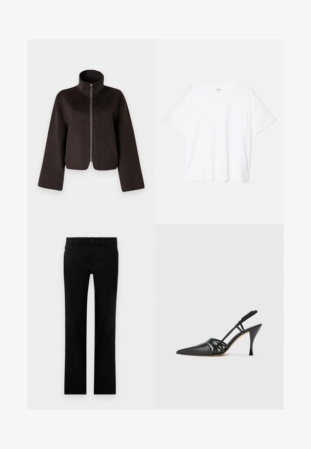 Čierna skrátená flísová bunda s vysokým golierom, plným zipsom a širokými rukávmi, ktorá sa vyznačuje mäkkou textúrou a hladkou povrchovou úpravou.; Biely bavlnený tričko s krátkymi rukávmi, okrúhlym výstrihom, voľným strihom a prešitým lemom. Štítok viditeľný na vnútornom krku.; Čierne slim-fit džínsy s predným gombíkom, so zipsom a dizajnom piatich vreciek, vystavené na bielom pozadí.; Čierne kožené vysoké podpätkové sandále so špicatou špičkou, krížovým dizajnom popruhu a úzkym stiletto podpätkom. Hladká textúra a minimálne akcenty.
