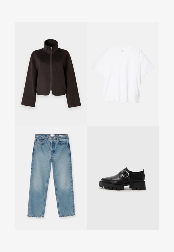 Melnas īsās vilnas jaka ar augstu apkakli, pilnu rāvējslēdzēju un plašām piedurknēm, ar mīkstu tekstūru un gludu apdari.; Balta kokvilnas T-krekls ar īsām piedurknēm, apaļu dekoltē, brīva piegriezuma un šūtu apakšmalu. Etiķete redzama iekšējā kakla daļā.; Gaiši zili taisna iegriezuma džinsi ar izbalējušu apdari, ar piecām kabatām, jostu cilpām un rāvējslēdzēja aizdari. Ražoti no kokvilnas denima materiāla.; Melni ādas apavi ar masīvu, rievojumu zoli, ar apaļu sudraba aksesuāru un minimālām šuvēm.