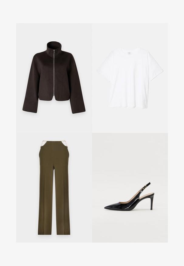 Juodas trumpas vilnonis džemperis su aukštu apykakle, visiškai užtraukiamas ir plačiomis rankovėmis, turintis minkštą tekstūrą ir glotnų paviršių.; Balta medvilnės marškinėliai trumpomis rankovėmis, apvalia iškirpte, laisvo kirpimo ir su siūtu kraštu. Etiketė matoma vidinėje iškirptės pusėje.; Olive spalvos platėjančios kelnės, pagamintos iš lygaus audinio, su auksinėmis grandinėmis juosmens srityje. Tiesaus kirpimo, su švariu finišu.; Juodas lakinės odos slingback batelis su smailiu nosiu, plonu kulnu ir subtiliu išpjovos dizainu. Yra auksinė sagtis ant dirželio.