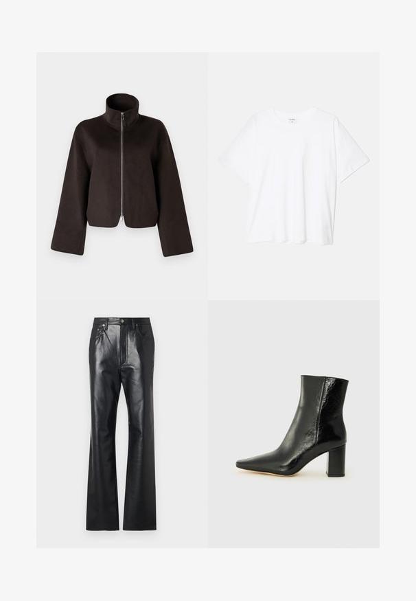 Juodas trumpas vilnonis džemperis su aukštu apykakle, visiškai užtraukiamas ir plačiomis rankovėmis, turintis minkštą tekstūrą ir glotnų paviršių.; Balta medvilnės marškinėliai trumpomis rankovėmis, apvalia iškirpte, laisvo kirpimo ir su siūtu kraštu. Etiketė matoma vidinėje iškirptės pusėje.; Juoda odinė kelnė su lygiu paviršiumi, plačiomis kojomis, priekiniais užtrauktukais ir diržo kilpomis. Yra subtilių siuvinėjimo akcentų.; Juodos kulkšninių botai, pagaminti iš blizgaus odos, su smailiu nosiu ir storo kvadratinio kulno. Išsiskiria lygiu paviršiumi ir minimalizmo stiliumi.