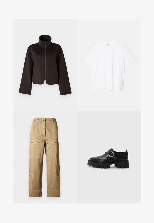Crna skraćena flis jakna s visokim ovratnikom, punim patentnim zatvaračem i širokim rukavima, koja se odlikuje mekanom teksturom i glatkom površinom.; Bijela pamučna majica s kratkim rukavima, okruglim izrezom, opuštenim krojem i šivenim rubom. Etiketa je vidljiva na unutarnjoj strani vrata.; Cargo hlače od pamuka u svijetloj kaki boji, s više džepova, patentnim zatvaračima i opuštenim krojem s manžetama.; Crne kožne cipele s debelim, rebrastim potplatom, koje imaju okrugli srebrni detalj i minimalne šavove.
