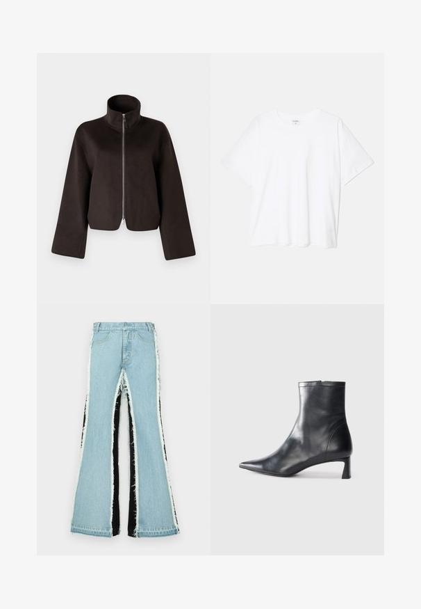 Črni kratki flis jakna z visokim ovratnikom, polnim zadrgo in širokimi rokavi, z mehkimi teksturami in gladkim zaključkom.; Bela bombažna majica s kratkimi rokavi, okroglim izrezom, sproščenim krojem in šivanim robom. Oznaka vidna na notranji strani izreza.; Svetlo modri flare kavbojki s črnimi stranskimi paneli, razfrčenimi robovi in visokim pasom. Ima standardne žepe in zanke za pas.; Črne usnjene gležnjarje s šiljastim nosom in elegantnim dizajnom. Imajo nizko peto in zadrgo na zadnji strani. Gladka tekstura.