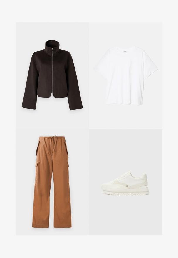 Černá zkrácená fleecová bunda s vysokým límcem, plným zipem a širokými rukávy, se soft povrchem a hladkým finišem.; Bílý bavlněný tričko s krátkým rukávem, kulatým výstřihem, volným střihem a šitým lemem. Nálepka viditelná na vnitřní straně výstřihu.; Hnědé cargo kalhoty s širokými nohavicemi vyrobené ze světlého materiálu, s elastickým pasem na šňůrku a bočními kapsami.; Bílé tenisky s kombinací hladkých a texturovaných materiálů, s jemným logem, šněrováním a zubatou podrážkou.