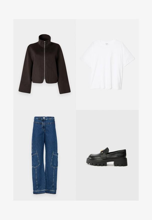 Fekete, rövidített bolyhos dzseki magas gallérral, teljes cipzárral és széles ujjal, puha textúrával és sima felülettel.; Fehér pamut póló rövid ujjal, kerek nyakkivágással, laza fazonnal és varrott szegéllyel. Címke látható a belső nyakrészén.; Kék farmer cargo nadrág, magas derékkal, bő szárakkal, két nagy oldzsebbel, valamint hagyományos szegecs és varrás részletekkel.; Fekete bőr loaferek masszív talppal, elöl arany színű díszítéssel és sima felülettel. A talpon vastag mintázat található.