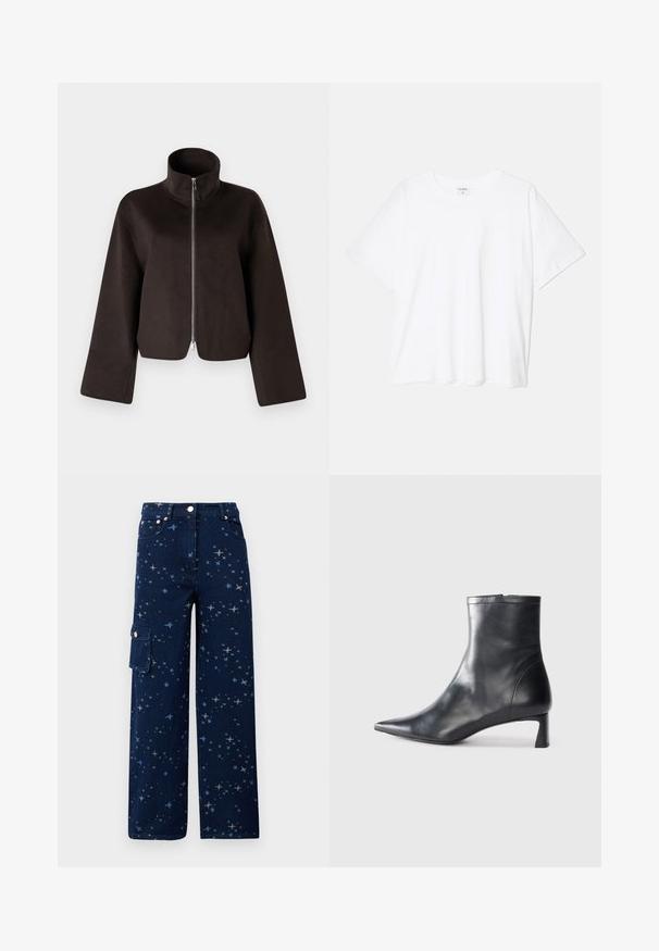 Crna skraćena flis jakna s visokim ovratnikom, punim patentnim zatvaračem i širokim rukavima, koja se odlikuje mekanom teksturom i glatkom površinom.; Bijela pamučna majica s kratkim rukavima, okruglim izrezom, opuštenim krojem i šivenim rubom. Etiketa je vidljiva na unutarnjoj strani vrata.; Tamne tamne plavi traper hlače s uzorkom zvijezda, širokim nogavicama, prednjim džepovima i bočnim džepom s kopčanjem na gumb.; Crne kožne gležnjače s uskim vrhom i elegantnim dizajnom. Imaju niski potpetak i zatvaranje na patentni zatvarač straga. Glatka tekstura.