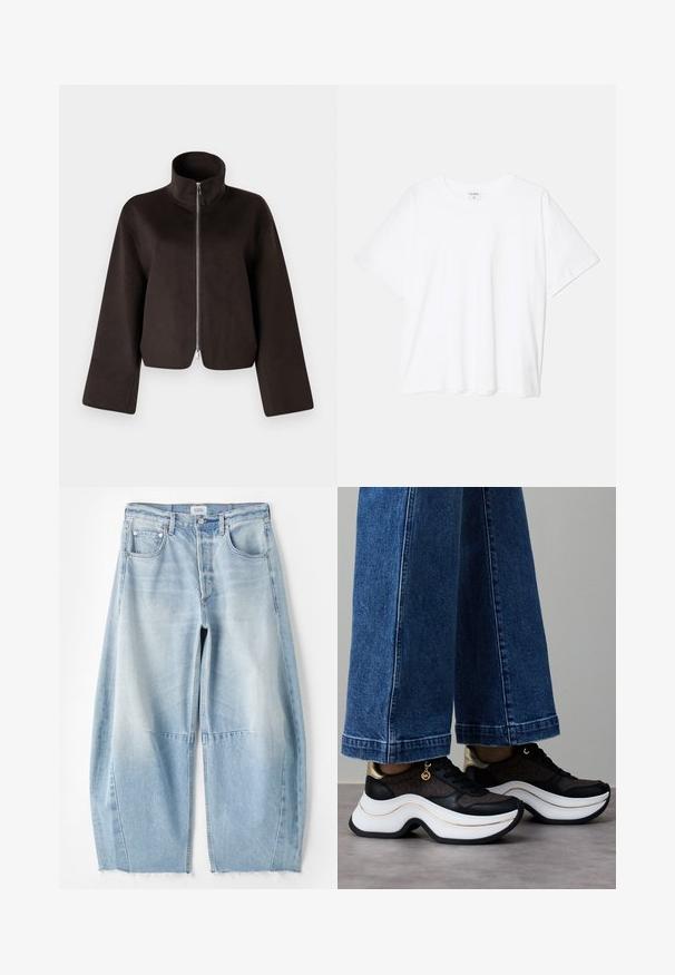 Črni kratki flis jakna z visokim ovratnikom, polnim zadrgo in širokimi rokavi, z mehkimi teksturami in gladkim zaključkom.; Bela bombažna majica s kratkimi rokavi, okroglim izrezom, sproščenim krojem in šivanim robom. Oznaka vidna na notranji strani izreza.; Citizens of Humanity HORSESHOE - Široke kavbojke - gemini light indigo; Črni in zlati supergi z ukrivljeno belo podplatom. Teksturirana tkanina z logotipskimi poudarki. Kombinirani s širokimi modrimi kavbojkami.