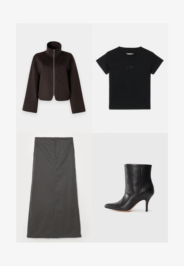 Veste en polaire noire coupée avec un col haut, fermeture éclair intégrale et manches larges, présentant une texture douce et une finition lisse.; T-shirt en coton noir à manches courtes, col rond et un petit imprimé graphique dans une teinte plus claire sur le devant.; Jupe grise fabriquée à partir d'un matériau léger, présentant un design droit, des poches avant, une fermeture à un bouton et des détails de couture subtils.; Bottine en cuir noir à bout pointu, avec un talon aiguille fin et une texture lisse. Design minimaliste sans matériel ou accents visibles.