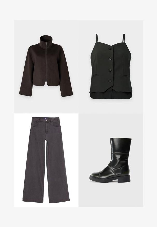 Juodas trumpas vilnonis džemperis su aukštu apykakle, visiškai užtraukiamas ir plačiomis rankovėmis, turintis minkštą tekstūrą ir glotnų paviršių.; Juoda be rankovių mygtukinė bliuskutė su plonomis petnešėlėmis ir dviem mažomis siūtomis kišenėmis priekyje.; Plati kojos juodi džinsai, pagaminti iš medvilnės audinio. Yra penki kišenės, priekinis mygtuko užsegimas ir tiesios siūlės. Lygus paviršius.; Juodas odinis kulkšninis botas su apvaliu smaigaliu, lygia danga, kontrastingomis siūlėmis ir storu kulnu, turintis šiek tiek siaurėjantį siluetą.