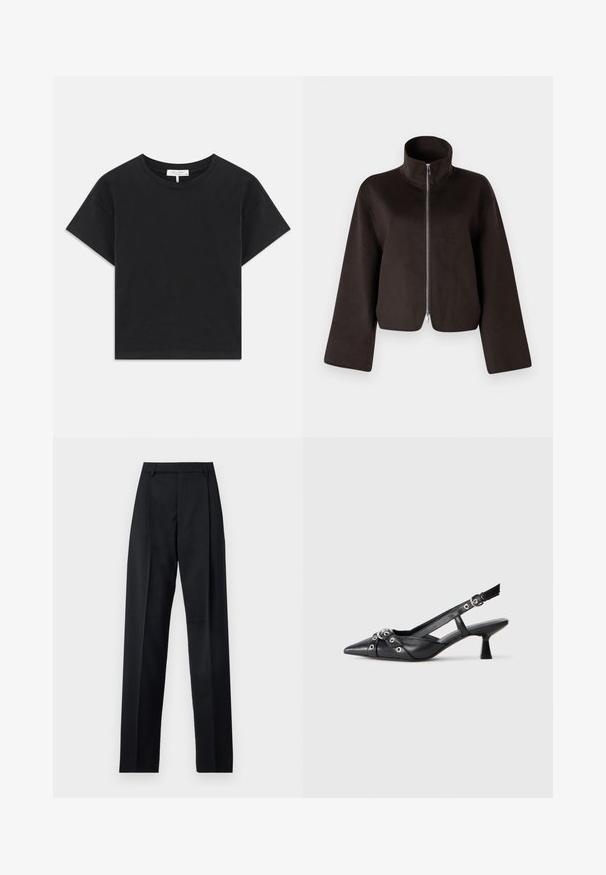 Jaqueta de fleece preta, cropped, com colarinho alto, fecho total e mangas largas, apresentando uma textura suave e um acabamento liso.; T-shirt cropped preta feita de algodão, com decote redondo, mangas curtas e um design simples sem padrões ou adornos.; Calças pretas feitas de um tecido suave, com uma cintura alta, pernas largas, pregas frontais e passadores de cinto clássicos. Não há bolsos laterais visíveis.; Sapato slingback em couro preto com biqueira fina, tiras decorativas com ilhós de metal e um pequeno salto quadrado. Superfície texturizada.