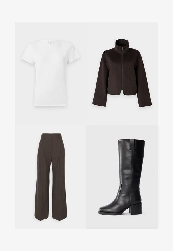Black cropped fleece jacket with a high collar, full zip, and wide sleeves, featuring a soft texture and smooth finish.; White cotton t-shirt with a crew neckline and short sleeves, featuring a relaxed fit and minimalistic design. Tag visible at the neck.; Dark brown wide-leg trousers with a high waist, featuring neatly pressed creases, smooth texture, and a tailored fit.; Black leather knee-high boots with a smooth texture, square toe, block heel, and side pull tab, featuring minimal stitching details.