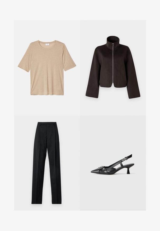 Must värvitud lühikeste varrukatega fliisjakid, millel on kõrge krae, täispikkus tõmblukk ja laiad varrukad, millel on pehme tekstuur ja sile viimistlus.; Filippa K ELENA TEE - Trükipildiga T-särk - sandstone; Mustad püksid siledast kangast, millel on kõrge vöökoht, laiad jalad, esimesed kortsud ja klassikalised vööloopid. Küljepockets pole nähtavad.; Must must have must toote tõmblukuga, dekoratiivsed rihmad metallist silmadega ja madal blokk-kand. Tekstureeritud pind.