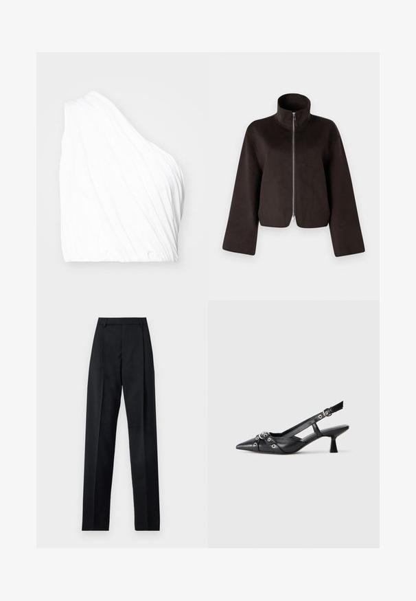 Schwarze, kurz geschnittene Fleecejacke mit hohem Kragen, vollem Reißverschluss und weiten Ärmeln, ausgestattet mit einer weichen Textur und glatter Oberfläche.; Asymmetrisches weißes Oberteil aus leichtem Stoff, mit drapiertem Textur und elastischem Saum. Glatte Oberfläche mit sanften, fließenden Linien.; Schwarze Hosen aus glattem Stoff mit hoher Taille, weitem Bein, vorderen Falten und klassischen Gürtelschlaufen. Keine sichtbaren Seitentaschen.; Schwarzer Leder-Slingback-Schuh mit spitz zulaufender Zehenpartie, dekorativen Riemen mit METALLÖSEN und niedrigem Blockabsatz. Strukturelle Oberfläche.