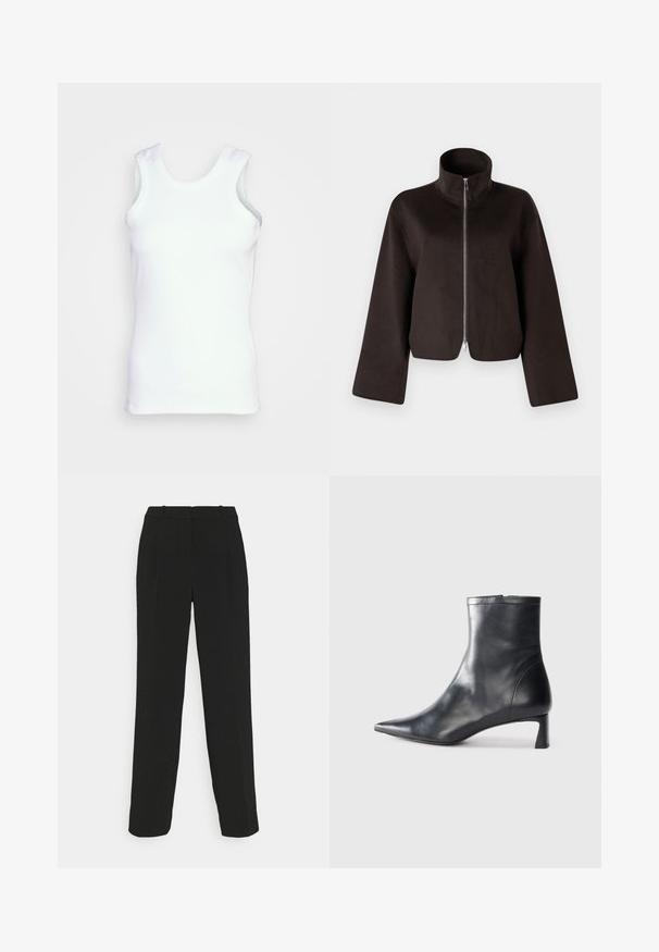 Čierna skrátená flísová bunda s vysokým golierom, plným zipsom a širokými rukávmi, ktorá sa vyznačuje mäkkou textúrou a hladkou povrchovou úpravou.; Biela bezrukávová tielko vyrobené z rebrovanej bavlny. Má okrúhly výstrih a postranné švy, s priliehavým strihom a hladkou štruktúrou.; Čierne elegantné nohavice s rovnými nohavicami, vyznačujúce sa vysokým pásom, záhybmi a hladkou textúrou látky.; Čierne kožené členkové topánky s špicatou špičkou a elegantným dizajnom. Majú nízky podpätok a zips na zadnej strane. Hladká textúra.