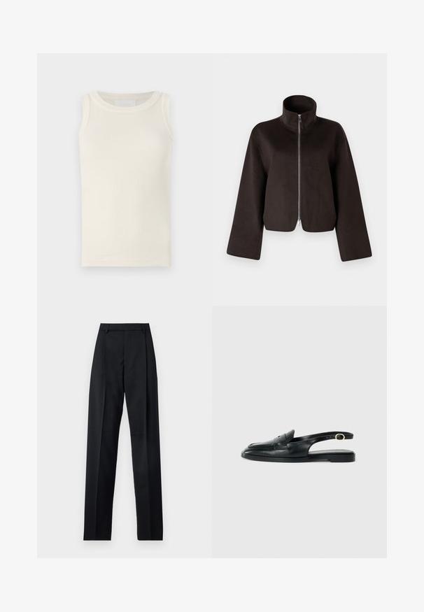 Giacca in felpa nera cropped con colletto alto, zip a tutta lunghezza e maniche larghe, caratterizzata da una texture morbida e una finitura liscia.; Top a costine senza maniche di colore bianco sporco. Presenta un collo rotondo e una texture sottile. Design semplice senza loghi o motivi visibili.; Pantaloni neri realizzati in tessuto morbido, caratterizzati da vita alta, gambe larghe, pince frontali e classiche passanti per cintura. Non ci sono tasche laterali visibili.; Scarpa slingback in pelle nera con punta arrotondata, suola piatta, taglio laterale e cinturino con dettaglio in hardware color oro.