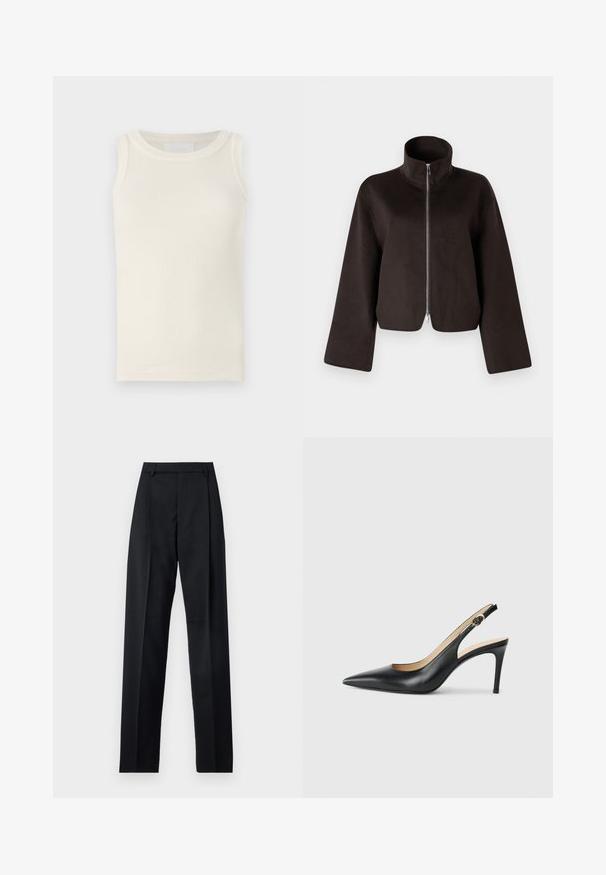 Jaqueta de fleece preta, cropped, com colarinho alto, fecho total e mangas largas, apresentando uma textura suave e um acabamento liso.; Top canelado, sem mangas, em off-white. Apresenta um decote redondo e uma textura subtil. Design simples, sem logótipos ou padrões visíveis.; Calças pretas feitas de um tecido suave, com uma cintura alta, pernas largas, pregas frontais e passadores de cinto clássicos. Não há bolsos laterais visíveis.; Saltos altos slingback em couro preto, com bico fino, tira ajustável e um elegante salto stiletto, apresentando um acabamento suave.