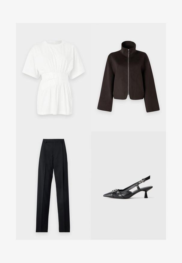 Juodas trumpas vilnonis džemperis su aukštu apykakle, visiškai užtraukiamas ir plačiomis rankovėmis, turintis minkštą tekstūrą ir glotnų paviršių.; Balta trumpa rankovėmis marškinėliai, pagaminti iš lygaus puošnaus medvilnės. Savybės: suskleista juosmens linija su blizgiu diržu ir apvaliu kaklu. Paprastas dizainas.; Juodos kelnės iš lygaus audinio, pasižyminčios aukštu liemeniu, plačiomis kojomis, priekinėmis klostėmis ir klasikiais diržo kilpomis. Šoninių kišenių nematyti.; Juodas odinis slingback tipo batai su smailiu priekiniu atvartu, dekoratyvinėmis sagtimis su metaliniais akyčiais ir žemu blokiniu kulnu. Saldus paviršius.