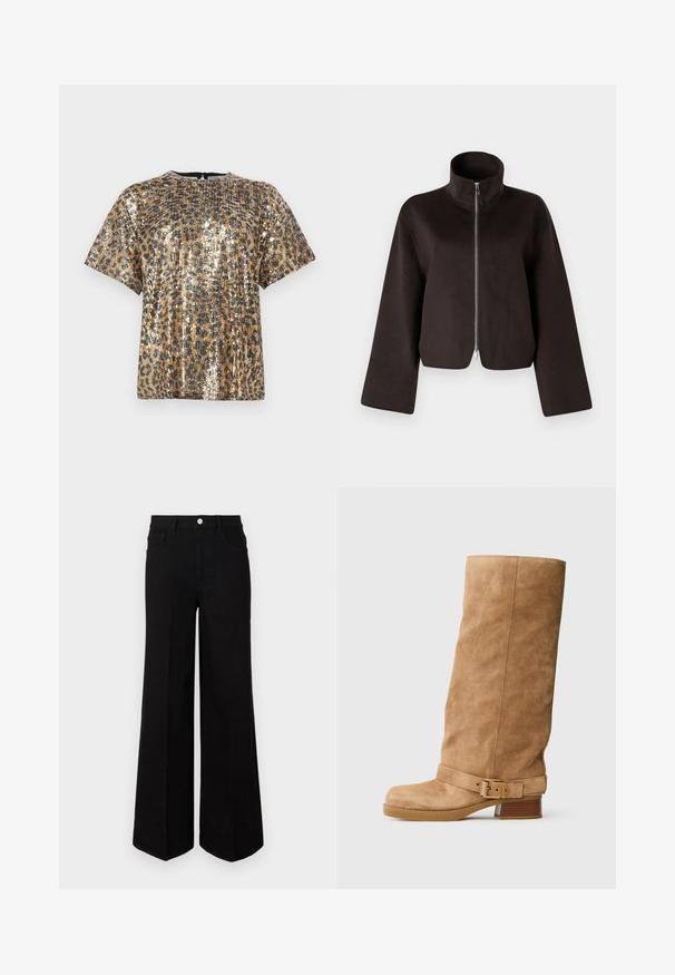 Jachetă scurtă din fleece neagră, cu guler înalt, fermoar complet și mâneci largi, având o textură moale și o finisare netedă.; Top cu paiete, cu un model de leopard, având mâneci scurte, decolteu rotund și o paletă de culori metalice aurii și negre.; Jeanși negri cu picior larg, fabricați dintr-un material rezistent, având talie înaltă, buzunare frontale și închidere cu nasture în față. Tăietură dreaptă la bază.; Botă de piele suede de culoare nisip, de înălțime medie până la gamă, cu un toc mic și stivuit, vârf rotunjit și o curea ajustabilă cu cataramă aurie în jurul gleznei.