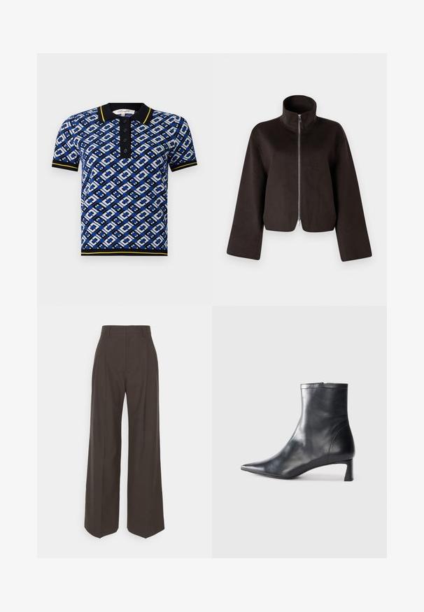 Čierna skrátená flísová bunda s vysokým golierom, plným zipsom a širokými rukávmi, ktorá sa vyznačuje mäkkou textúrou a hladkou povrchovou úpravou.; Modrá a biela polo košeľa s vzorom, čiernym golierom a žltými akcentmi, s gombíkovou légou a pletenými manžetami.; Tmavohnedé široké nohavice s vysokým pásom, ktoré majú úhľadne prežehlené záhyby, hladkú textúru a strih na mieru.; Čierne kožené členkové topánky s špicatou špičkou a elegantným dizajnom. Majú nízky podpätok a zips na zadnej strane. Hladká textúra.
