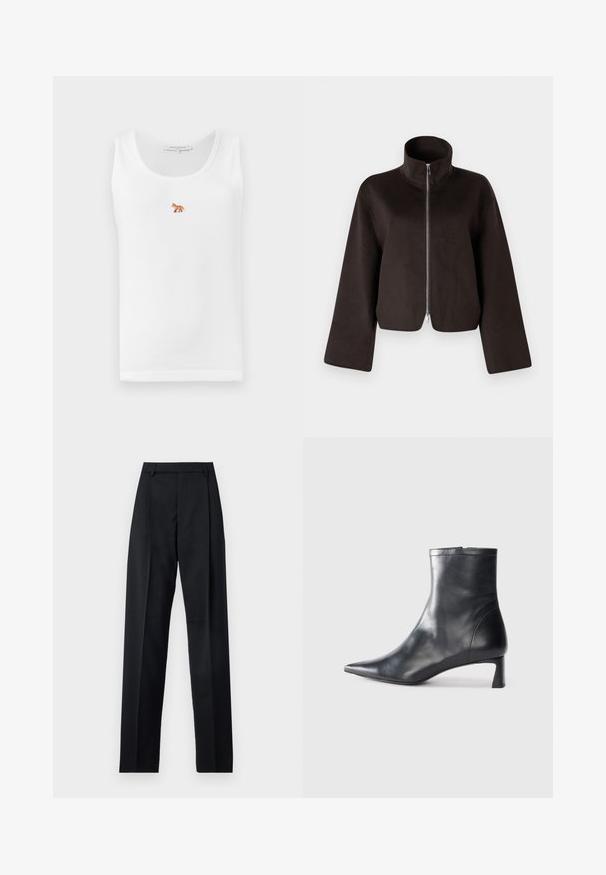 Juodas trumpas vilnonis džemperis su aukštu apykakle, visiškai užtraukiamas ir plačiomis rankovėmis, turintis minkštą tekstūrą ir glotnų paviršių.; Balta be rankovių marškinėliai su pageltusia tekstūra, kuriuose kairiajame krūtinės srityje yra išsiuvinėtas oranžinis ir rudas lapės dizainas.; Juodos kelnės iš lygaus audinio, pasižyminčios aukštu liemeniu, plačiomis kojomis, priekinėmis klostėmis ir klasikiais diržo kilpomis. Šoninių kišenių nematyti.; Juodas odinis kulkšninis batas su smailiu pirštu ir elegantišku dizainu. Turi žemą kulną ir užtrauktuką gale. Lygi tekstūra.