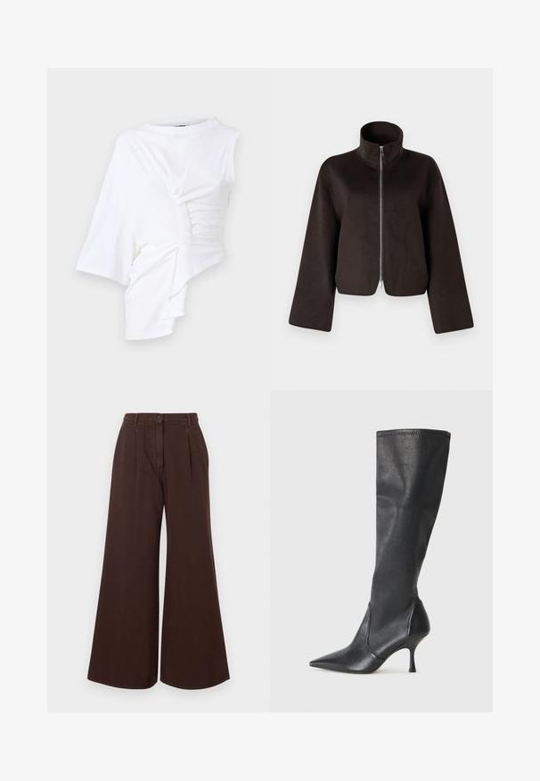 Juodas trumpas vilnonis džemperis su aukštu apykakle, visiškai užtraukiamas ir plačiomis rankovėmis, turintis minkštą tekstūrą ir glotnų paviršių.; Balta asimetrinė palaidinė trumpomis rankovėmis, su surinkta detale vienoje pusėje ir apvaliu kaklu. Pagaminta iš minkštos, lengvos medžiagos.; Aukšto juosmens platėjančios rudos kelnės su mygtuku ir užtrauktuku, dirželių kilpomis ir priekinėmis raukšlėmis.; Juodų odinių batų iki kelių su smailiu pirštu ir plonu stiletto kulnu. Lygus paviršius, pritaikytas dizainas ir siuvimas viršutiniame krašte.
