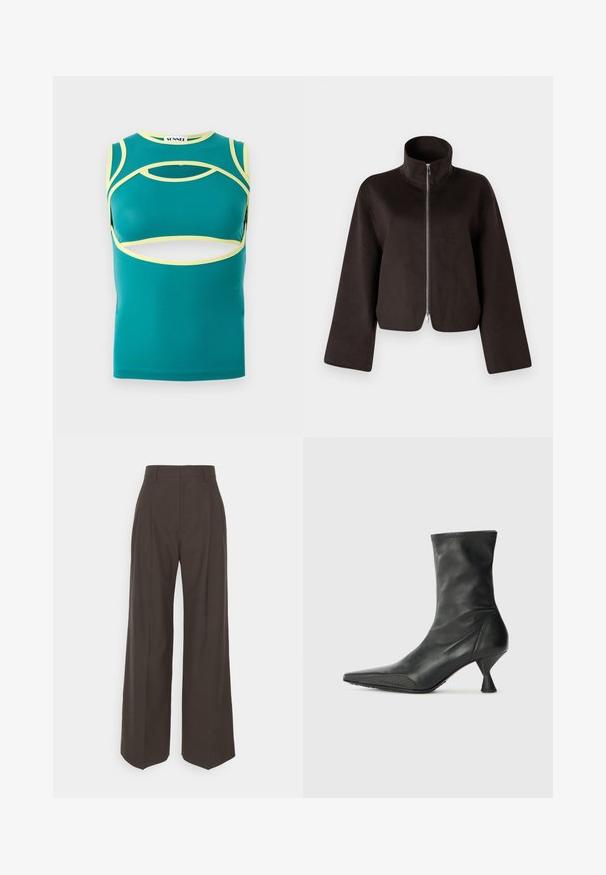 Melnas īsās vilnas jaka ar augstu apkakli, pilnu rāvējslēdzēju un plašām piedurknēm, ar mīkstu tekstūru un gludu apdari.; Zaļbrūns bez piedurknēm tops ar izgriezumiem, dzelteniem akcentiem apmalēs un apaļu dekoltē. Izgatavots no gludas, elastīgas auduma.; Tumši brūni platajiem galiem bikses ar augstu jostasvietu, kas pieejamas ar uzmanīgi presētām krokām, gludu tekstūru un pielāgotu piegriezumu.; Melnas ādas potīšu zābaki ar šauru pirkstu, teksturētu pirksta aizsargu un šauru, konusveida papēdi. Gluda virsma ar smalkiem dūriena elementiem.