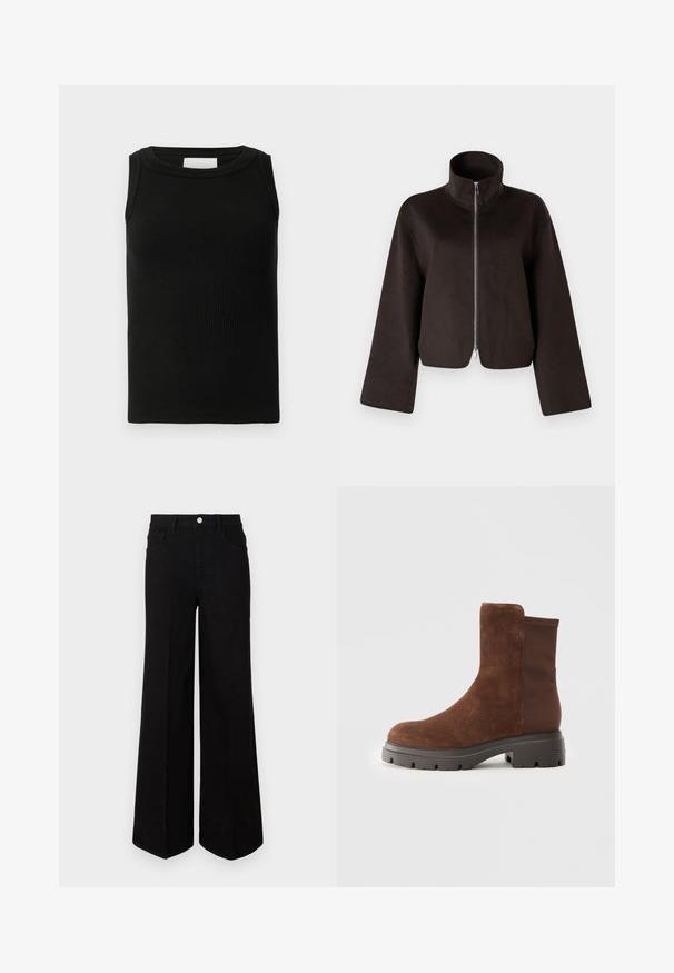 Mustat lyhyet fleecetakit, joissa on korkea kaulus, täysi vetskari ja leveät hihat. Takki on pehmeästä materiaalista ja siinä on sileä pinta.; Musta ribbattu tanktoppi, joka on valmistettu pehmeästä materiaalista. Siinä on pyöreä pääntie ja hihaton muotoilu. Yksinkertainen ja monikäyttöinen malli.; Mustat leveälahkeiset farkut, jotka on valmistettu kestävästä kankaasta, korkealla vyötäröllä, etutaskuilla ja edessä nappikiinnitys. Litistetty helma alaosassa.; Ruskea mokkanahkainen nilkkuri, jossa on joustavat sivupaneelit, pyöreä kärki ja paksu kumipohja, jossa on teksturoitu kulutuspinta.