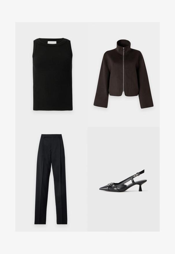 Jachetă scurtă din fleece neagră, cu guler înalt, fermoar complet și mâneci largi, având o textură moale și o finisare netedă.; Top negru din bumbac, cu textură canelată, realizat dintr-un material moale, având un gât rotund și un design fără mâneci. Formă simplă și versatilă.; Pantaloni negri dintr-un material neted, cu talie înaltă, picioare largi, pliuri frontale și loop-uri clasice pentru curea. Fără buzunare laterale vizibile.; Pantofii slingback din piele neagră, cu vârful ascuțit, curele decorative cu ochiuri din metal și toc bloc mic. Suprafață texturată.