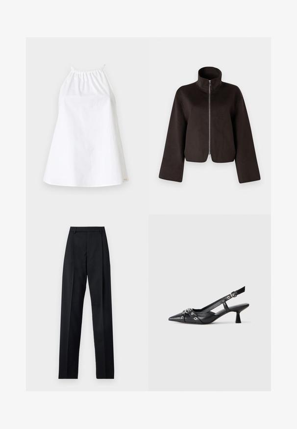 Giacca in felpa nera cropped con colletto alto, zip a tutta lunghezza e maniche larghe, caratterizzata da una texture morbida e una finitura liscia.; Top bianco a reggiseno realizzato in tessuto leggero, con scollatura elasticizzata e spalline. Design semplice e senza aderenza, senza fantasie o decorazioni.; Pantaloni neri realizzati in tessuto morbido, caratterizzati da vita alta, gambe larghe, pince frontali e classiche passanti per cintura. Non ci sono tasche laterali visibili.; Scarpa slingback nera in pelle con punta affusolata, cinturini decorativi con occhielli metallici e tacco basso a blocco. Superficie testurizzata.