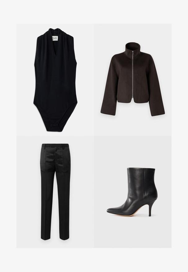 Must värvitud lühikeste varrukatega fliisjakid, millel on kõrge krae, täispikkus tõmblukk ja laiad varrukad, millel on pehme tekstuur ja sile viimistlus.; Must värvitu ilma varrukateta bodi, millel on sügav V-kaelus ja kokku tõmmatud detail kaeluses. Valmistatud siledast, tõmbetugevast kangast. Minimalistlik disain.; Mustad ülikondpüksid sirgete jalgadega ja vöökoht, millel on vööaasad, koos mattide ja läikivate kangaste paneelidega.; Must musta jalatsid terava ninaga, õhukese stiletto kontsaga ja siledast nahast. Minimalistlik disain ilma nähtava riistvarata või aksessuaarideta.