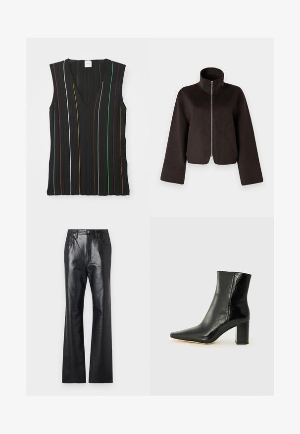 Must värvitud lühikeste varrukatega fliisjakid, millel on kõrge krae, täispikkus tõmblukk ja laiad varrukad, millel on pehme tekstuur ja sile viimistlus.; Must välimisega mustatuubiga top, millel on V-kaelus ja vertikaalsed triibud punases, valges, sinises, kollases, rohelises ja pruunis; ribakujuline tekstuur.; Mustad nahkpüksid sileda tekstuuriga, flöödid kujunduses, ees asuva tõmbluku ja vööpaeladega. Omavad peeneid õmbluskirjeldusi.; Mustad muste saapad, mis on valmistatud läikivast nahast, terava koonuse ja tugeva ruudukujulise kandiga. Omab sileda tekstuuri ja minimalismi kujundust.