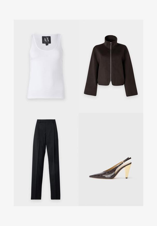 Črni kratki flis jakna z visokim ovratnikom, polnim zadrgo in širokimi rokavi, z mehkimi teksturami in gladkim zaključkom.; Bela brezrokavni top iz gladkega materiala, z zaobljenim izrezom in diskretnim vezitim logotipom spredaj.; Črne hlače iz gladkega materiala, ki imajo visok pas, široke noge, sprednje nabore in klasične zanke za pas. Nevidni stranski žepi.; Slingback peto s koničastim nosom, v temno rjavi sijoči umetni krokodilji usnjeni različici. Ima zlate geometrijske pete in nastavljiv ankel trak.