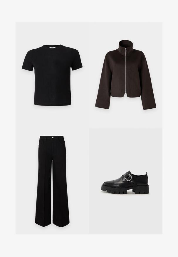 Črni kratki flis jakna z visokim ovratnikom, polnim zadrgo in širokimi rokavi, z mehkimi teksturami in gladkim zaključkom.; Črna majica s kratkimi rokavi iz mehkega blaga. Ima klasičen okrogel izrez in raven rob, kar ustvarja preprost in večnamenski dizajn.; Črne široke kavbojke iz trpežnega materiala, z visokim pasom, sprednjimi žepi in sprednjim gumbom. Raven rob na dnu.; Črne usnjene čevlje z debelim, rebrastim podplatom, ki imajo okroglo srebrno kovinsko dodatno opremo in minimalne šive.
