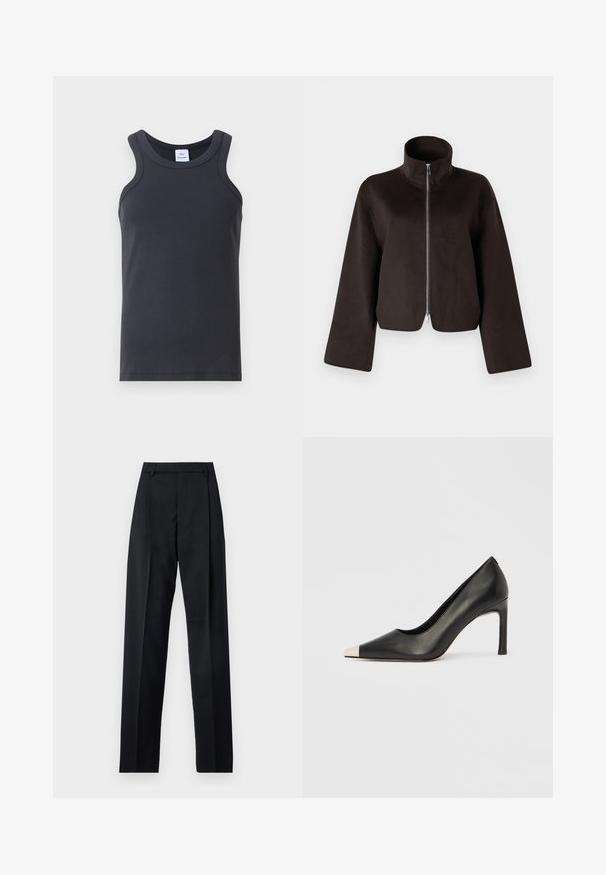 Chaqueta de forro polar negra recortada con un alto cuello, cremallera completa y mangas amplias, que presenta una textura suave y un acabado liso.; Top sin mangas negro de canalé con escote redondo, tirantes anchos y una textura suave. Incluye una etiqueta en el escote.; Pantalones negros de tela suave con cintura alta, piernas amplias, pliegues frontales y lazos de cinturón clásicos. No hay bolsillos laterales visibles.; Zapato de tacón alto de cuero negro con punta en forma de pico y una tapa metálica plateada. Presenta un acabado suave y un tacón delgado de 10 cm.