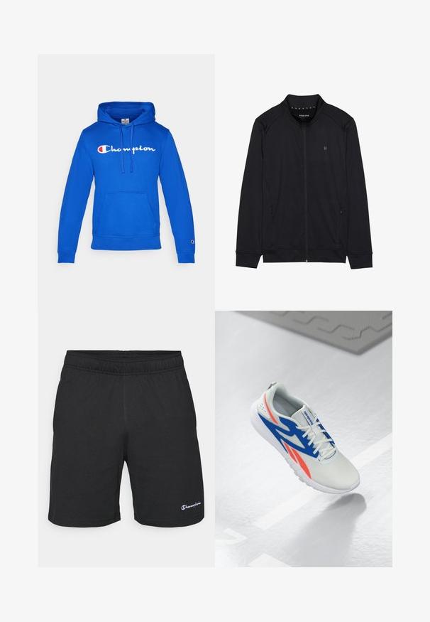 Veste zippée noire en tissu doux, dotée d'un col haut, de poches latérales et de coutures d'épaules surpiquées. Logo minimaliste sur la poitrine.; Hoodie bleu avec une poche frontale, capuche à cordons et logo "Champion" blanc. Comprend des poignets et un ourlet côtelés, fabriqué en mélange de coton.; Shorts de sport noirs avec une taille élastique, fabriqués en tissu doux, comportant un petit logo blanc sur le bas à gauche.; Baskets blanches avec des accents bleus et rouges, lacées et flottant au-dessus d'un sol gris clair avec une ligne et un tapis en arrière-plan.