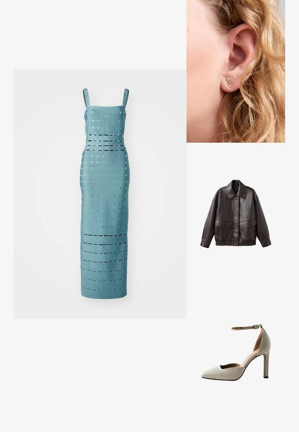 Ruskea nahkatakki, jossa on leveä kaulus, kaksi etutaskua ja joustavat kerroitut yksityiskohdat helman kohdalla. Sileä, kiiltävä pinta.; Turkoosi olkaimeton mekko, jossa on vaakasuoria ja pystysuoria leikkuureikiä metallisilla yksityiskohdilla, muotoiltu tiukkaan siluettiin.; Vaaleanharmaat korot, joissa on terävä kärki, avokämmeninen muotoilu, nilkkaremmi ja kultaketjuyksityiskohta. Sileä nahkatunnelma.; Korvar av guldton med en virveldesign, som har en liten ädelsten som accent. Örhängen är placerade i örsnibben, intill löst, vågigt hår.