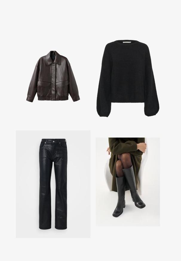 Bruine leren jas met een brede kraag, twee voortassen en elastische gathered accenten aan de onderrand. Gladde, glanzende textuur.; Gestuz ALPHA - Trui - black; Zwarte leren broeken met een recht ontwerp, voorzien van vijf zakken, metalen knoopsluiting en een gladde, glanzende textuur.; Knieschijf hoge zwarte leren laarzen met een vierkante neus en blokhak, getoond met een model dat zit in een olijfgroene jas. Gladde textuur, minimale details.