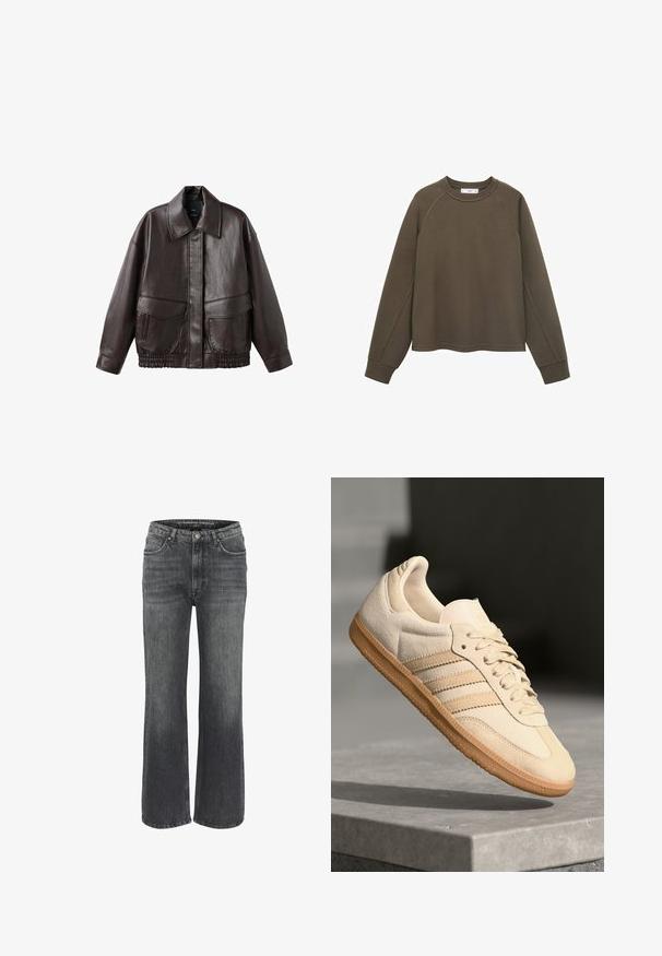 Bruine leren jas met een brede kraag, twee voortassen en elastische gathered accenten aan de onderrand. Gladde, glanzende textuur.; Olijfgroene sweatshirt met een ronde halslijn, raglanmouwen en een cropped zoom. Gemaakt van zachte stof met een gladde textuur.; Wijd uitgesneden jeans in donkergrijze denim, met een klassieke vijf-pocketontwerp, gestikte details en een knoopsluiting in de taille.; Lichtbeige suède sneaker met een gumrubberen buitenzool, drie diagonale strepen en een textuur op de neus. Voorzien van een logo op de tong en de zijkant.