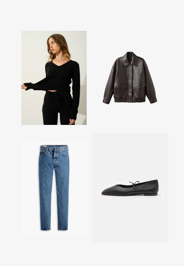 Bruine leren jas met een brede kraag, twee voortassen en elastische gathered accenten aan de onderrand. Gladde, glanzende textuur.; Zwarte gebreide trui met een V-hals en lange mouwen, gecombineerd met bijpassende zwarte gebreide broek met een trekkoord in de taille en zijzakken.; Lichtblauwe spijkerbroek met een rechte snit, vijf zakken en een standaard knoopsluiting. Heeft oranje stiksels en een licht vervaagde textuur.; ALOHAS SWAY - Ballerina's - black