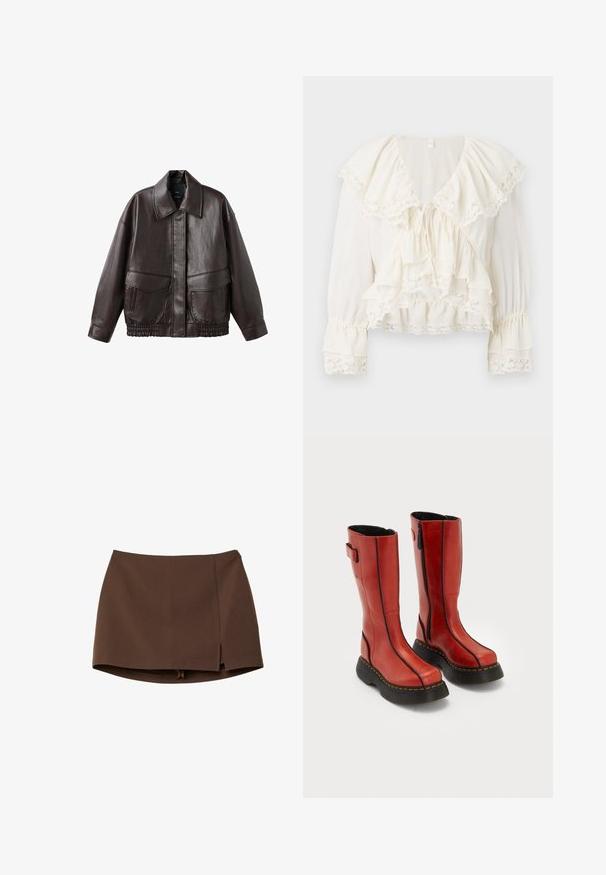 Brun læderjakke med en bred krave, to forlommer og elastiske samlinger ved kanten. Glat, blank tekstur.; Hvid bluse med et lagdelt, volangdesign, blondebånd på ærmerne og kanten, samt en V-hals med snorelukning.; Brun mininederdel lavet af glat stof, med en frontslids, rene linjer og en struktureret pasform. Ingen lommer eller markante hardware detaljer.; Høje røde læderstøvler med sorte tykke såler, sidelukninger med lynlås og sorte syninger, der står side om side på en hvid baggrund.