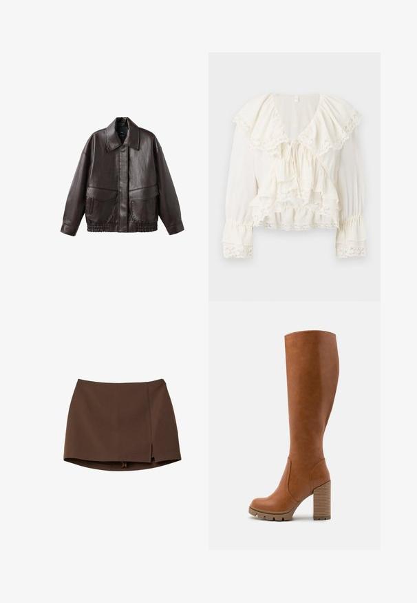 Brun læderjakke med en bred krave, to forlommer og elastiske samlinger ved kanten. Glat, blank tekstur.; Hvid bluse med et lagdelt, volangdesign, blondebånd på ærmerne og kanten, samt en V-hals med snorelukning.; Brun mininederdel lavet af glat stof, med en frontslids, rene linjer og en struktureret pasform. Ingen lommer eller markante hardware detaljer.; Anna Field Højhælede støvler - cognac