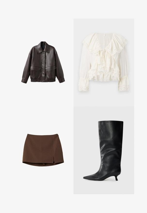 Hnedá kožená bunda so širokým golierom, dvoma prednými vreckami a elastickými zhromaždenými detailmi na spodnom leme. Hladká, lesklá textúra.; Biele blúzka s vrstveným, volánkovým dizajnom, čipkovými detailmi na rukávoch a leme a s V-tylom so sťahovacou šnúrkou.; Hnedá mini sukňa z hladkého materiálu s predným rozparkom, čistými líniami a štruktúrovaným strihom. Bez vreciek a výrazných kovových detailov.; Čierna kožená čižma po kolená s špicatou špičkou a nízkym podpätkom, vystavená na jednoduchom svetlom pozadí.
