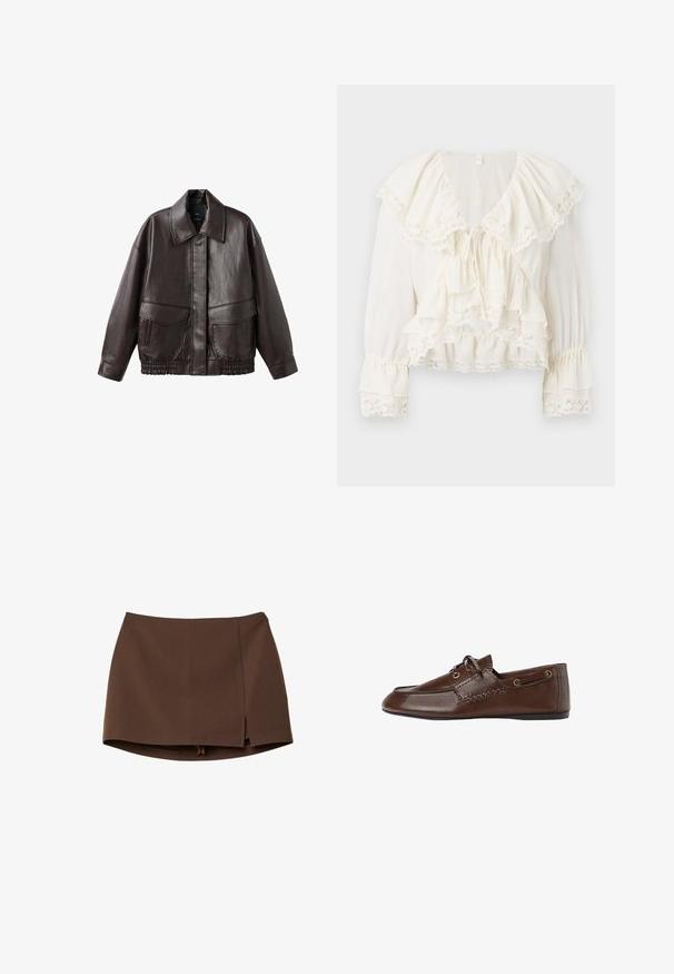 Giacca in pelle marrone con ampio colletto, due tasche frontali e accenti elastici arricciati all'orlo. Texture liscia e lucida.; Blusa bianca con un design a strati e volant, rifinita con pizzo sui maniche e sull'orlo, e una scollatura a V con chiusura a cordoncino.; Minigonna marrone realizzata in tessuto liscio, con spacco frontale, linee pulite e vestibilità strutturata. Senza tasche o dettagli hardware evidenti.; Scarpe slip-on in pelle marrone con texture liscia, caratterizzate da cuciture decorative e occhielli rotondi. Suola piatta con design a punta arrotondata.
