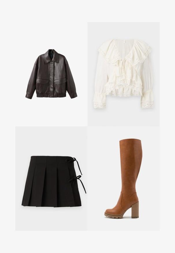 Brun läderjacka med bred krage, två framfickor och elastiska samlade detaljer vid fållen. Slät, glänsande yta.; Vit blus med ett lager-på-lager, volangdesign, spetsdetaljer på ärmar och nederkant samt en V-ringning med snörning.; Svart plisserad kjol med sidobrett, tillverkad av ett tyg med en mjuk textur; har en strukturerad design och rena linjer.; Anna Field Högklackad stövel - cognac