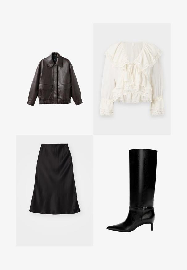 Veste en cuir marron avec un large col, deux poches avant et des accents froncés élastiques à l'ourlet. Texture lisse et brillante.; Blouse blanche avec un design à volants superposés, bordure en dentelle sur les manches et l'ourlet, et un décolleté en V avec un cordon de serrage.; Jupe en satin noir avec une texture lisse, une forme évasée et une taille élastique. Design minimaliste, sans motifs ni accents supplémentaires.; Botte en cuir noir montante jusqu'au genou avec un bout pointu et un petit talon. Présente une sangle étroite avec une boucle métallique autour de la cheville. Texture lisse.